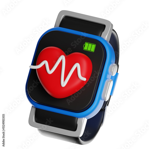 Smartwatch displaying heartbeat and battery status on transparent background