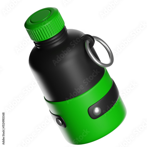 Green and black sport water bottle with metal ring on transparent background