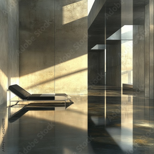 Sunlit minimalist interior with chaise lounge and reflective floor