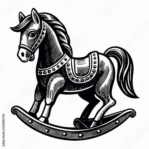 Vintage Rocking Horse Illustration, Black and White