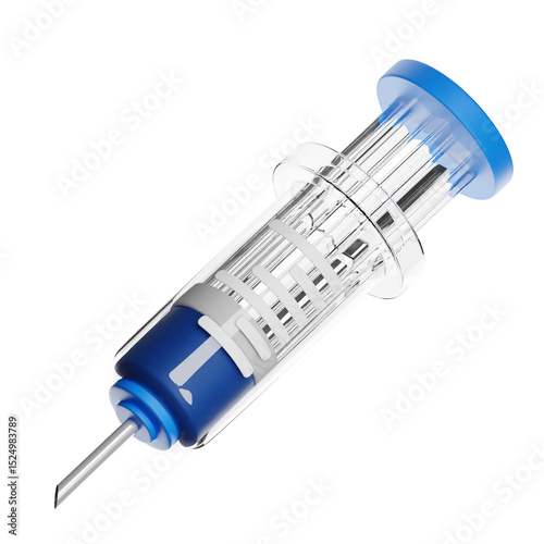 Medical syringe injecting blue liquid on transparent background