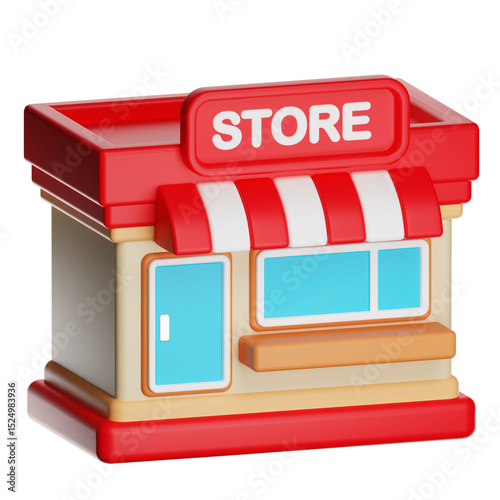 Cute 3d store building with red and white awning on transparent background