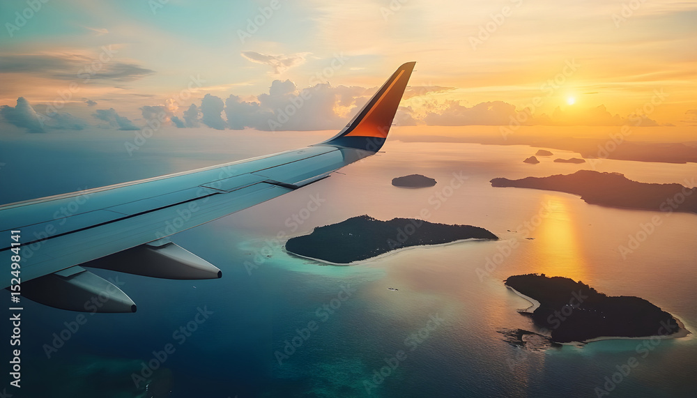 Obraz premium Airplane wing flying plane jet over tropical islands in ocean, view from window at sunset in summer