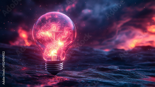 Fiery lightbulb on dark, volcanic ground, erupting background