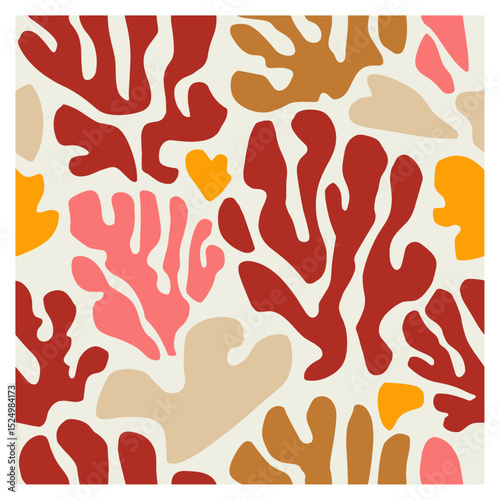 Seamless pattern with bold abstract coral reef shapes in vivid tones of deep red, terracotta, mustard yellow, beige, and pink. Hand-drawn vector background ideal for textile prints, fashion fabrics
