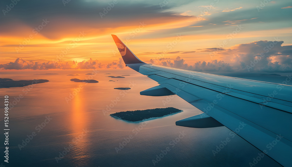 Fototapeta premium Airplane wing flying plane jet over tropical islands in ocean, view from window at sunset in summer