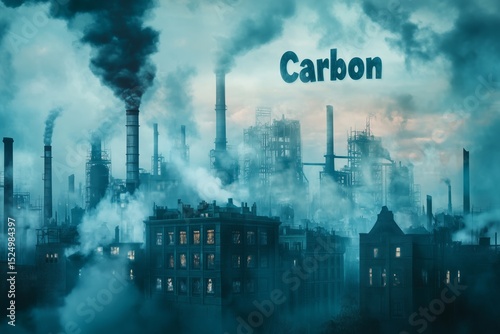 Silhouette of a city skyline with smoke emissions from industrial pipes against a cloudy backdrop highlighting environmental issues