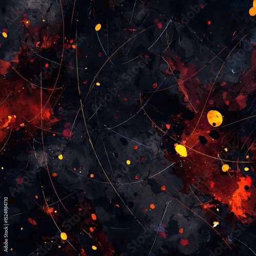 Abstract artwork featuring dark background with red, orange, and yellow splatters and thin lines