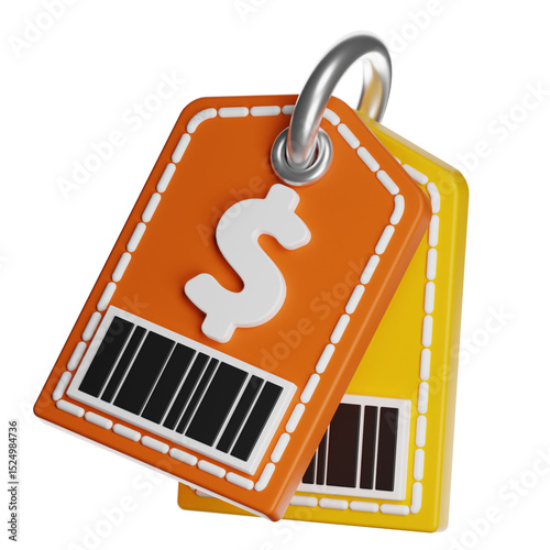 Two price tags with dollar symbol and barcode showing discounts and savings on transparent background