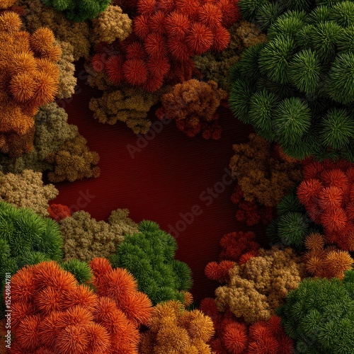 Vibrant forest canopy with colorful treetops against red backdrop.