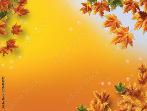 Radiant autumn leaves floating on warm golden background.