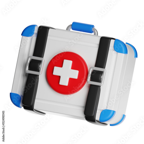 White and blue first aid kit closed with red cross symbol on transparent background