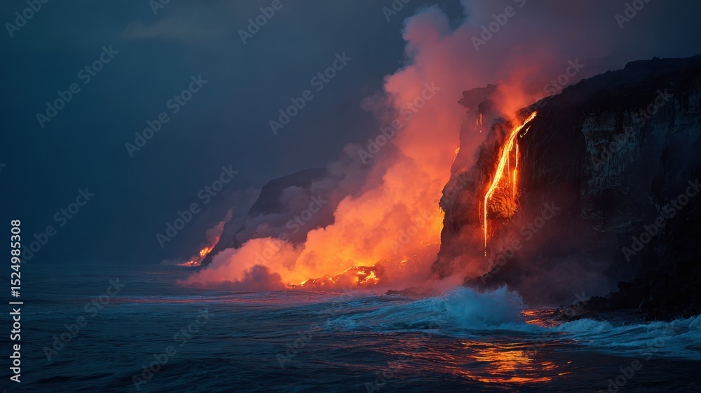 Fototapeta premium Lava Flowing into Ocean A Hot and Fiery Spectacle