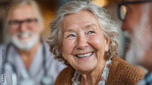 Two cheerful seniors talking with a nurse in a nursing home, clean clinical setting with copy space for healthcare and communication themes