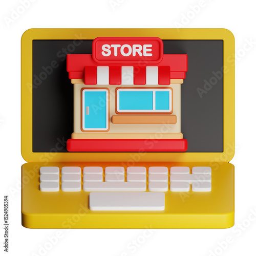 Online store building on laptop screen showing e-commerce concept