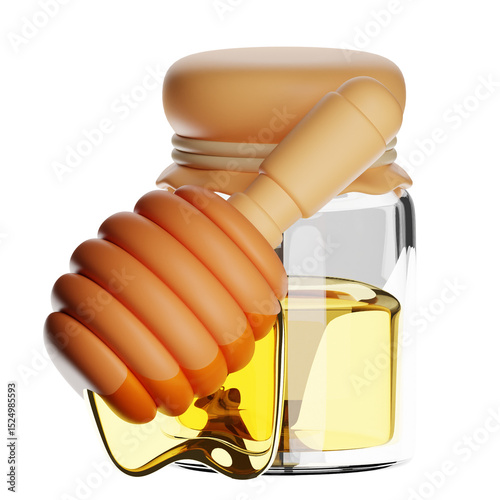Honey dripping from wooden dipper into glass jar on transparent background