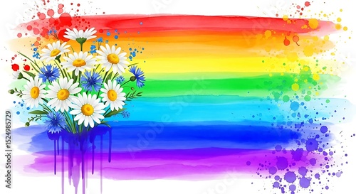 Watercolor rainbow background with colorful paint splashes and a bouquet of white daisy and blue cornflower flowers. Spring floral design for greeting card or banner. photo