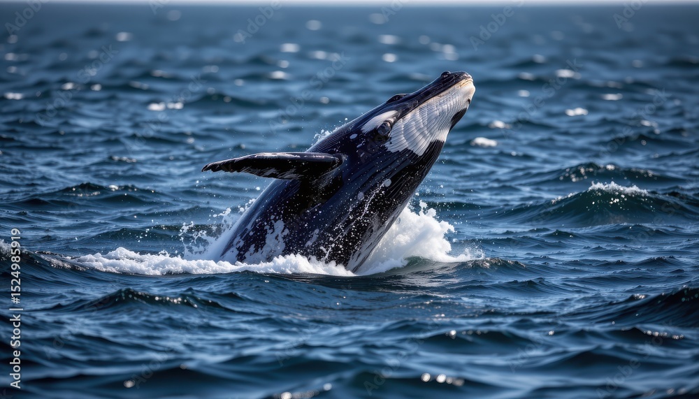 Fototapeta premium timeless whale photographed in a breaching pose in a deep sea, in a classic wildlife photography style, with navy tones, dramatic light, high resolution