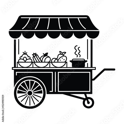 Street Food Cart Icon, Vector, Illustration, Icon, Outline, Line Art, Silhouette, Logo, White Background.