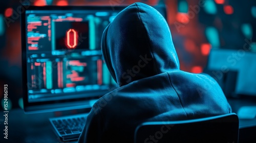 Hooded cybercriminal in server room