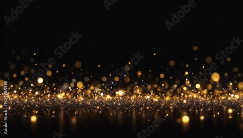 Abstract gold bokeh lights on black background.