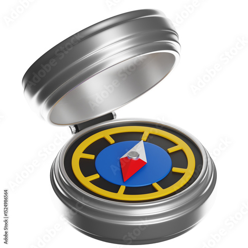 3d compass pointing north with open lid on transparent background