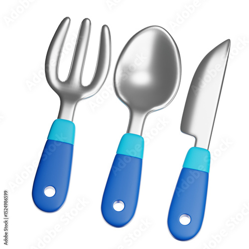 Fork, spoon, and knife cutlery set with blue handles on transparent background