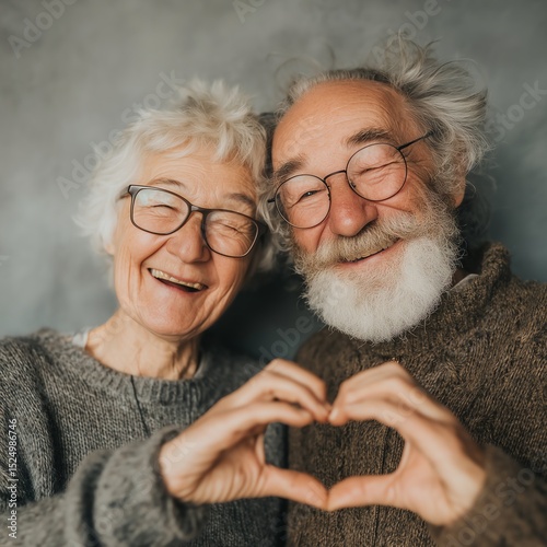 Smiling elderly couple joyfully making a heart shape with their hands, symbolizing love and companionship