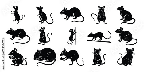 Black Rat and Mouse Silhouettes – Vector Rodent Icons in Cartoon and Realistic Poses