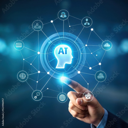 Finger touching glowing ai interface on blue background