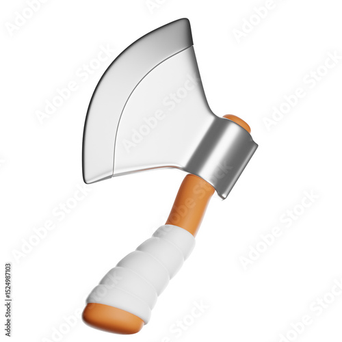 3d axe with orange handle and silver blade on transparent background