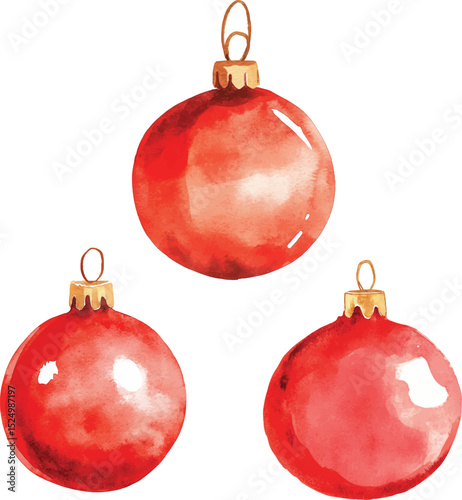 Red Christmas Baubles Watercolor  vector illustration