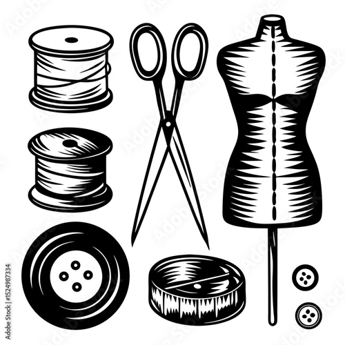 Vintage sewing tools and dressmakers dummy