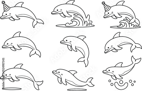 Cartoon dolphin illustrations graphic outlines of cute dolphins with party hats and waves