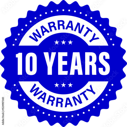 Blue color 10 year warranty badge. 10 year warranty badge for packaging sticker and warranty seal stamp