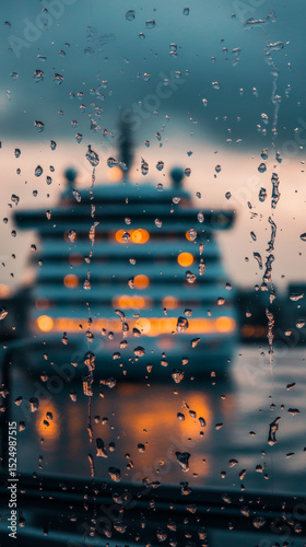 Rain drops cling to a window, blurring a vibrant ferry. Orange and blue hues create a peaceful mood.