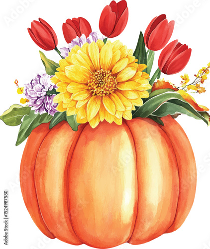 Autumn Pumpkin Floral Arrangement Watercolor vector illustration