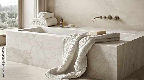 Elegant marble bathtub with luxurious towels and amenities for relaxing bath time