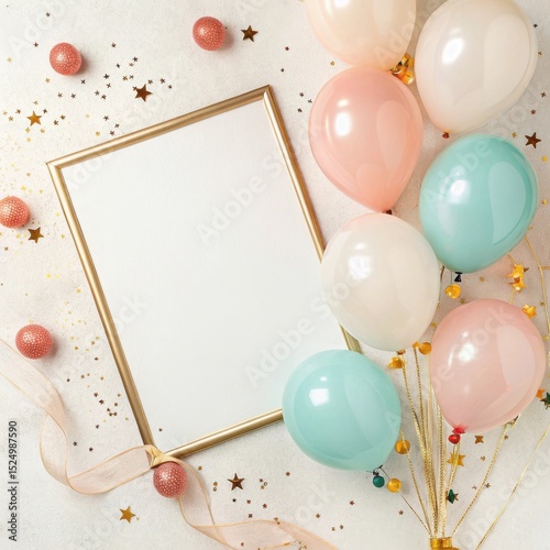 Pastel balloons and golden frame isolated on white background
