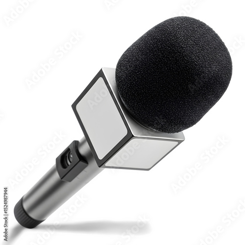 Angled Studio Microphone with Foam Cover and Blank Advertising Panels.