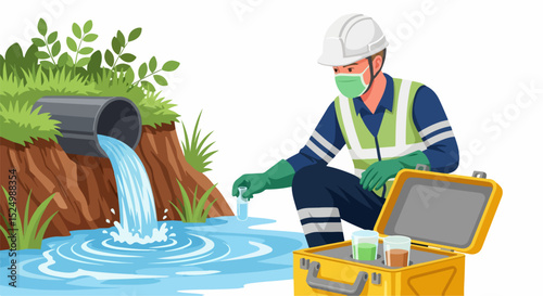 Environmental Technician Collecting Water Sample Near Industrial Drain Pipe