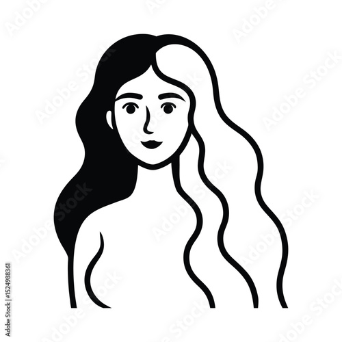 Vector sketch of naked woman with very long and wavy hair silhouette 