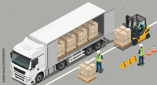 Forklift Loading Semi-Truck Trailer at Outdoor Warehouse Dock – Isometric Vector