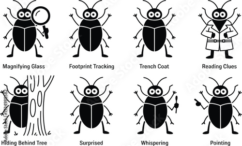 Detective beetle illustrations collection of various actions black and white icon set