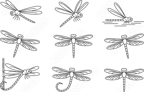 Collection of simple and cute dragonfly illustrations in black and white outline