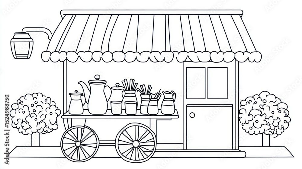 Naklejka premium Black and white drawing of a street food cart. Simple design of a covered cart with various containers, 