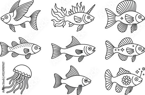 Black and white line art illustration of various fish and jellyfish