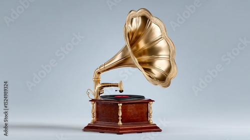 Gold record player with a red record on it. The record player is sitting on a wooden base