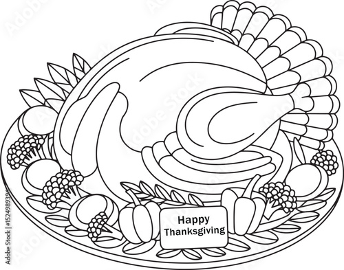 Happy Thanksgiving Roast Turkey on Tray – Festive Line Art with Vegetables, Festive Turkey Dinner – Black and White Thanksgiving Vector, Thanksgiving Roast Turkey on Tray with Vegetables