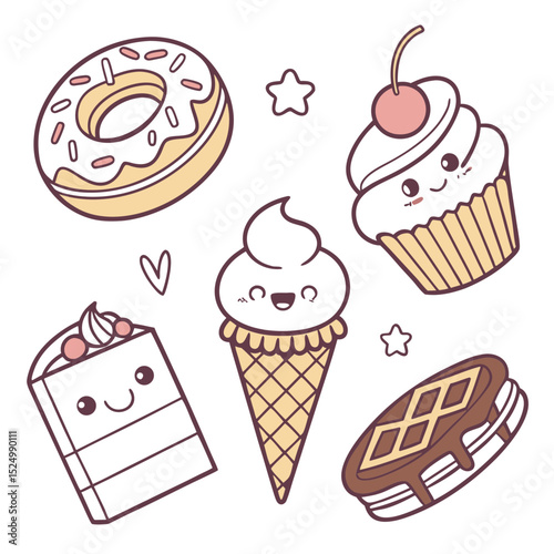 Cute kawaii desserts collection cartoon illustration